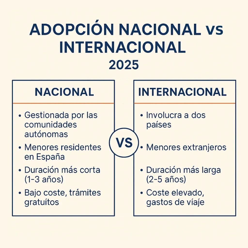 Infografía comparativa sobre la adopción nacional e internacional en España en 2025. Muestra las principales diferencias en gestión, tipo de menores, duración del proceso y costes. Diseño claro con columnas paralelas y tipografía accesible para una lectura sencilla.