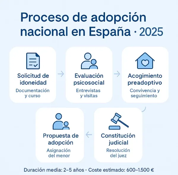 Infografía 1500x1080 del proceso de adopción nacional en España 2025 con cinco fases, duración media y coste estimado.