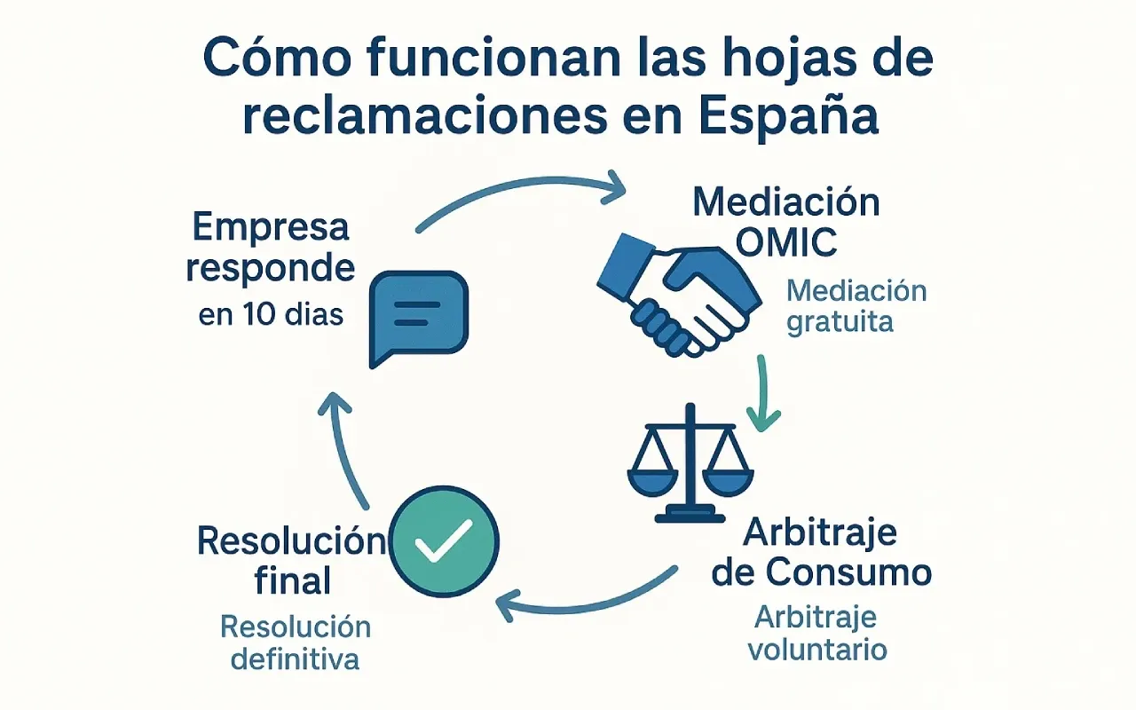 Diagrama explicativo en español sobre el funcionamiento de las hojas de reclamaciones en España. Representa las fases del proceso: respuesta de la empresa, mediación en la OMIC, arbitraje de consumo y resolución final. Estilo visual limpio y educativo.