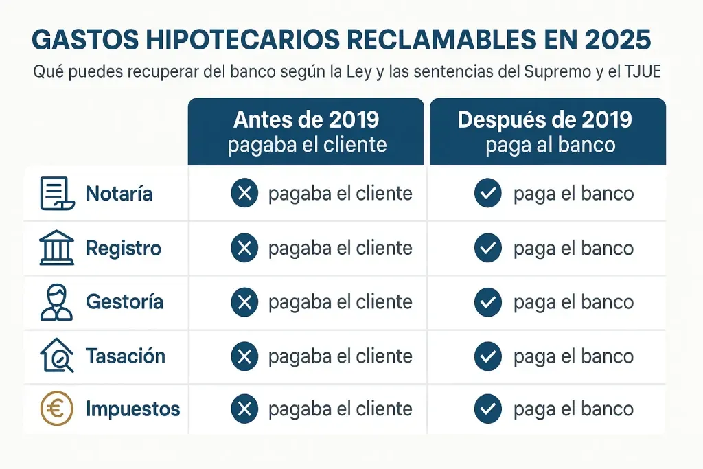 Infografía comparativa accesible que muestra los gastos hipotecarios reclamables en España en 2025, destacando las diferencias entre hipotecas firmadas antes y después de la Ley 5/2019. Incluye notaría, registro, gestoría, tasación y AJD, con iconos claros y colores azul y blanco para favorecer la legibilidad y la comprensión visual. 🧩 Imagen 2 — Diagra