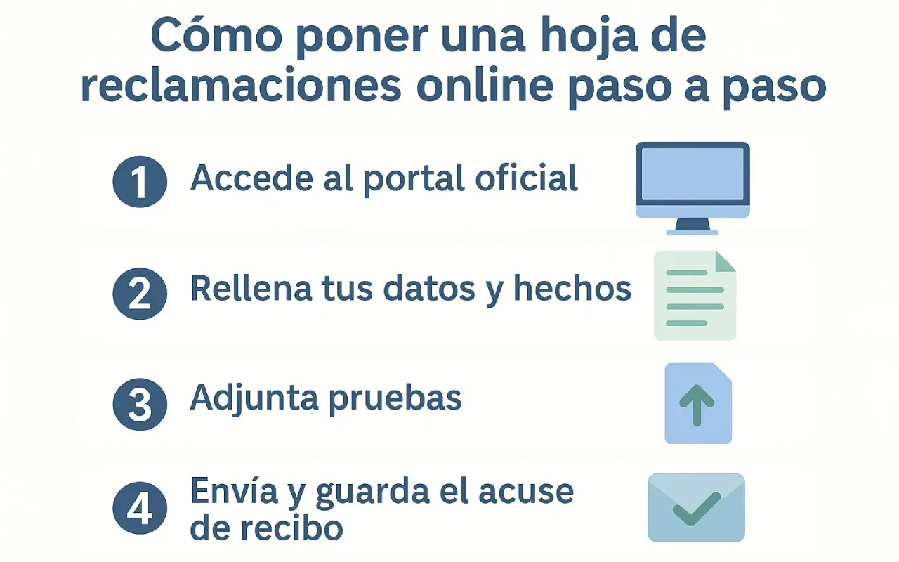 Infografía en español que muestra paso a paso cómo poner una hoja de reclamaciones online en España: acceder al portal oficial, rellenar datos, adjuntar pruebas y enviar el formulario. Diseño claro y accesible con iconos y colores suaves.