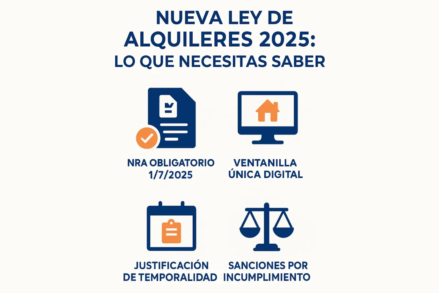 Infografía sobre la Nueva Ley de Alquileres 2025 en España con resumen de cambios clave: registro obligatorio NRA, ventanilla única digital, justificación de temporalidad y sanciones por incumplimiento.