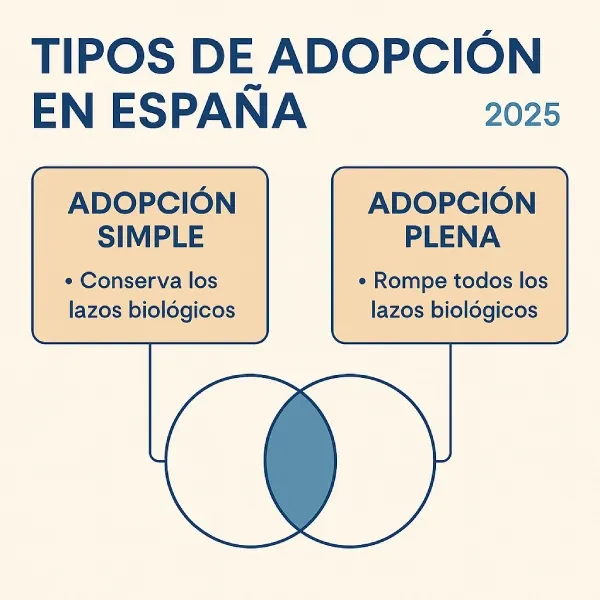 Infografía accesible que explica los tipos de adopción en España en 2025. Muestra dos recuadros comparativos: la adopción simple, que conserva los lazos biológicos, y la adopción plena, que los rompe por completo. Diseño claro con esquema tipo diagrama de Venn.